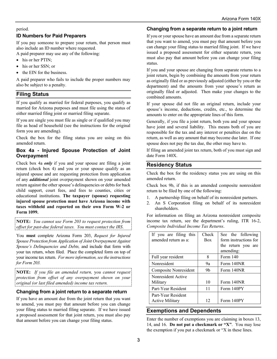 Instructions for Arizona Form 140X, ADOR10573 Individual Amended Income Tax Return for Forms 140, 140a, 140ez, 140nr and 140py - Arizona, Page 3