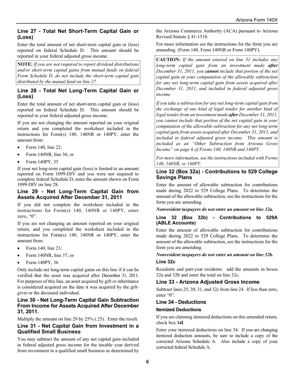 Instructions for Arizona Form 140X, ADOR10573 Individual Amended Income Tax Return for Forms 140, 140a, 140ez, 140nr and 140py - Arizona, Page 6