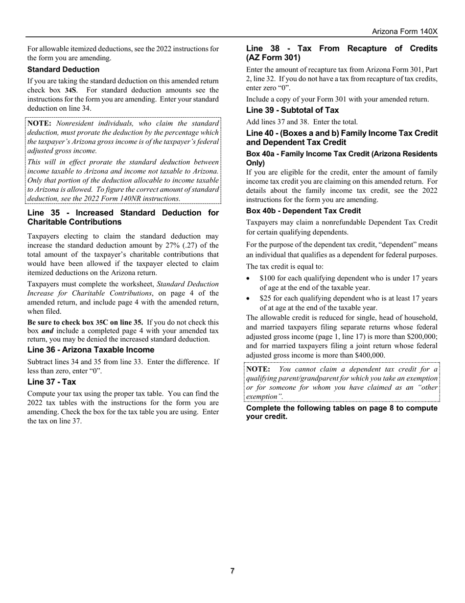 Instructions for Arizona Form 140X, ADOR10573 Individual Amended Income Tax Return for Forms 140, 140a, 140ez, 140nr and 140py - Arizona, Page 7