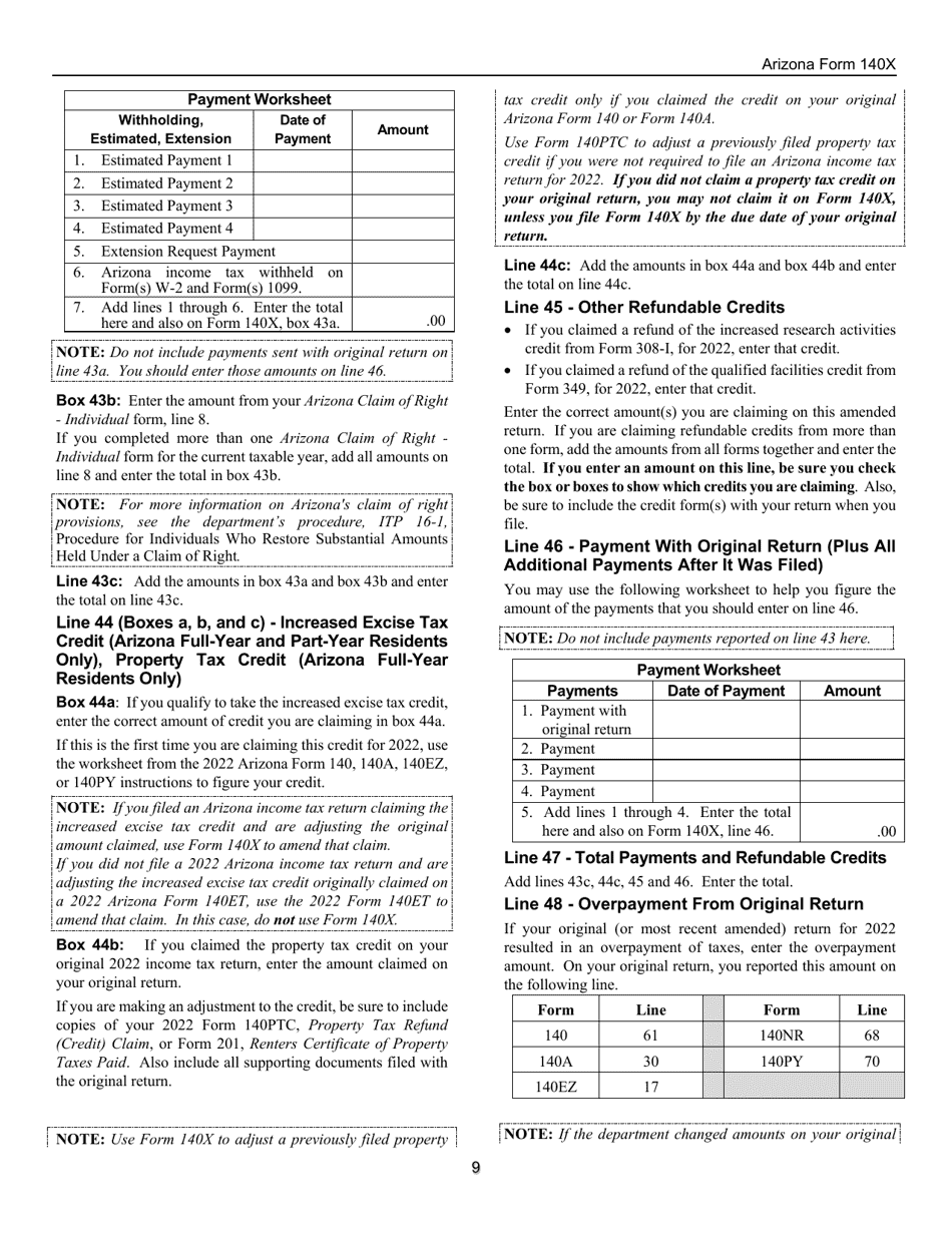Instructions for Arizona Form 140X, ADOR10573 Individual Amended Income Tax Return for Forms 140, 140a, 140ez, 140nr and 140py - Arizona, Page 9