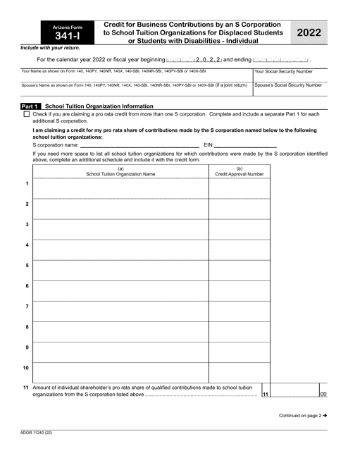 Arizona Form 341-I (ADOR11240) 2022 Printable Pdf