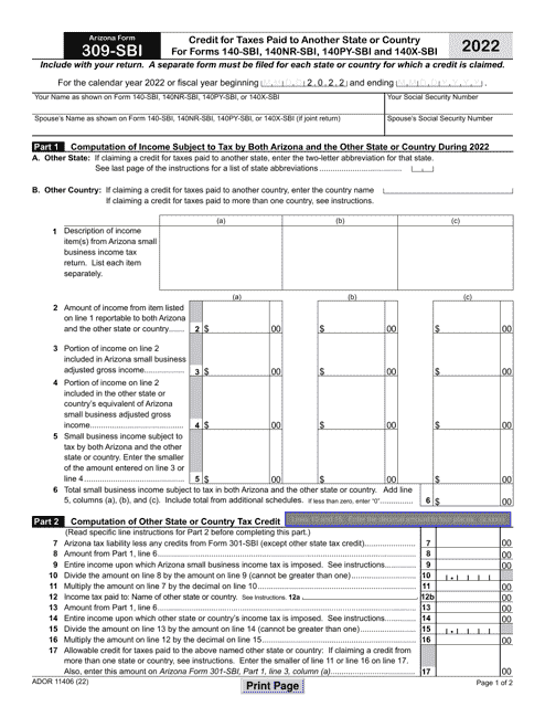 Arizona Form 309-SBI (ADOR11406) Credit for Taxes Paid to Another State or Country for Forms 140-sbi, 140nr-Sbi and 140py-Sbi - Arizona, 2022