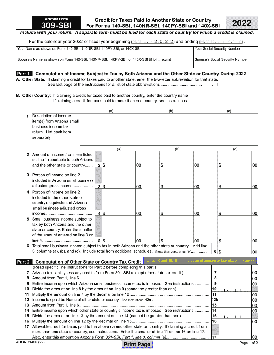 Arizona Form 309-SBI (ADOR11406) Credit for Taxes Paid to Another State or Country for Forms 140-sbi, 140nr-Sbi and 140py-Sbi - Arizona, Page 1