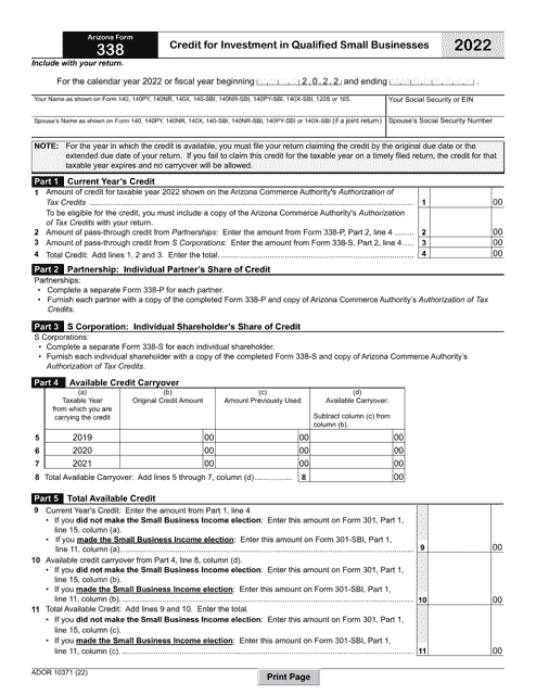 Arizona Form 338 (ADOR10371) 2022 Printable Pdf