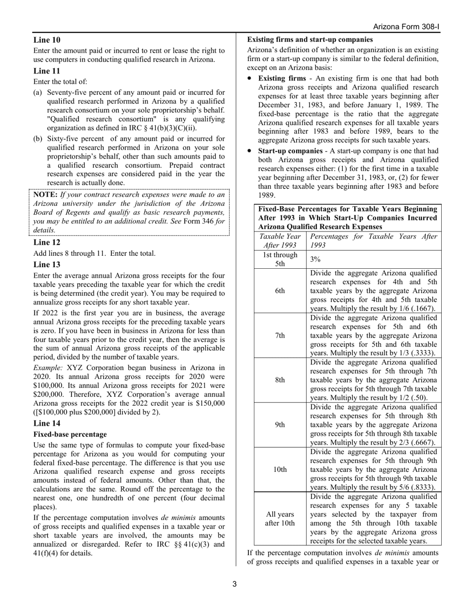 Instructions for Arizona Form 308-I, ADOR10570 Credit for Increased Research Activities - Individuals - Arizona, Page 3