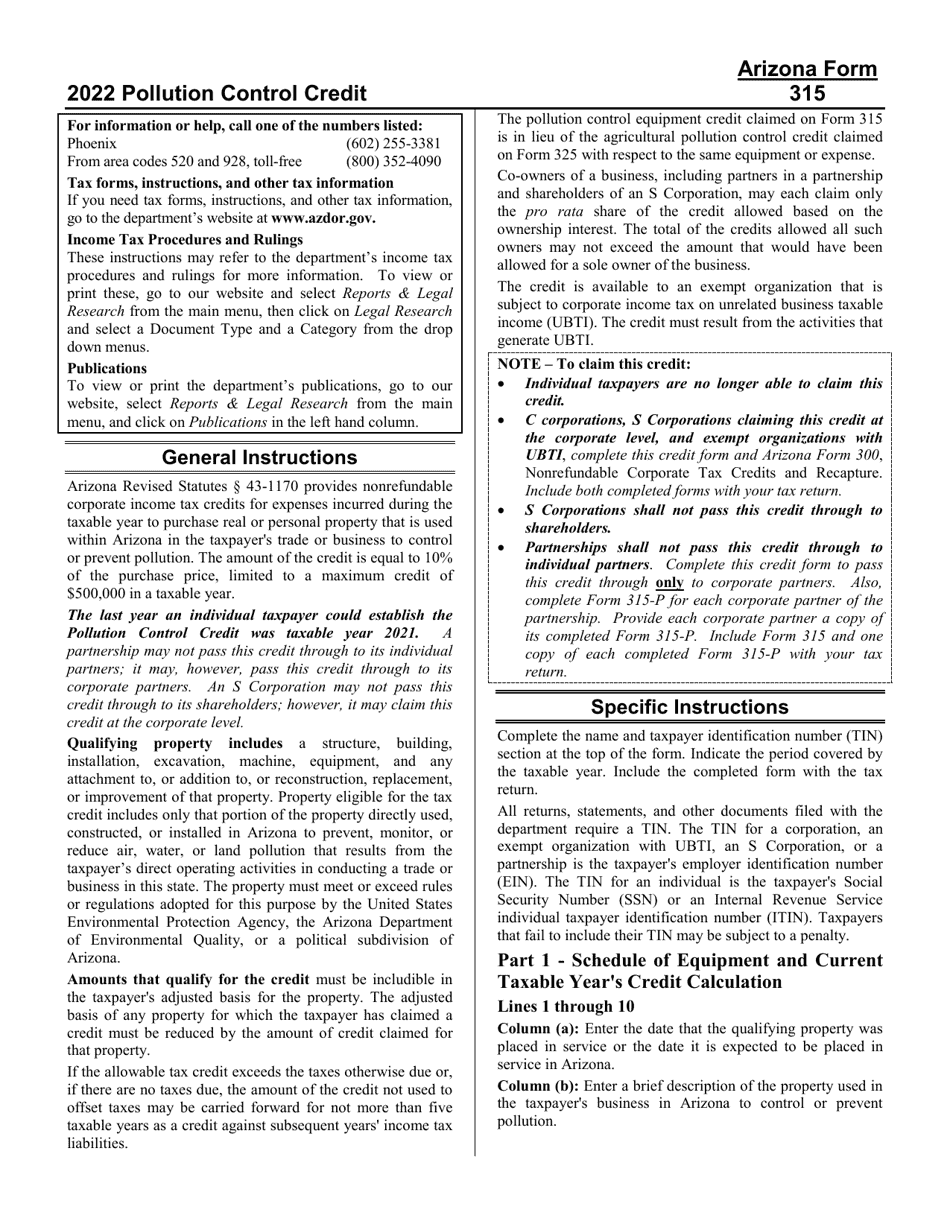 Instructions for Arizona Form 315, Arizona Form 315-P, Arizona Form 315-S, ADOR11278, ADOR11279, ADOR10183 - Arizona, Page 1