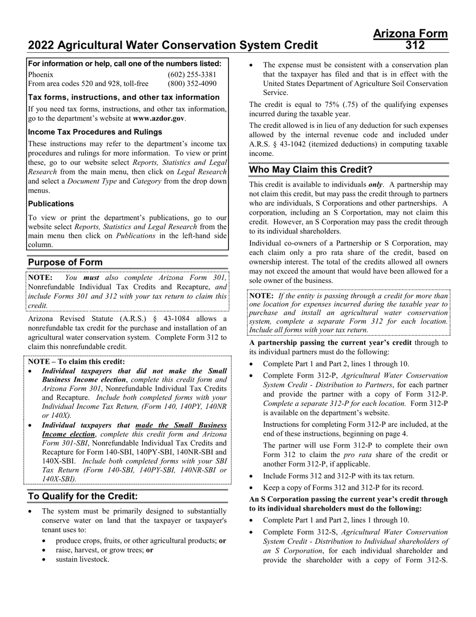 Download Instructions for Arizona Form 312, Arizona Form 312S, Arizona