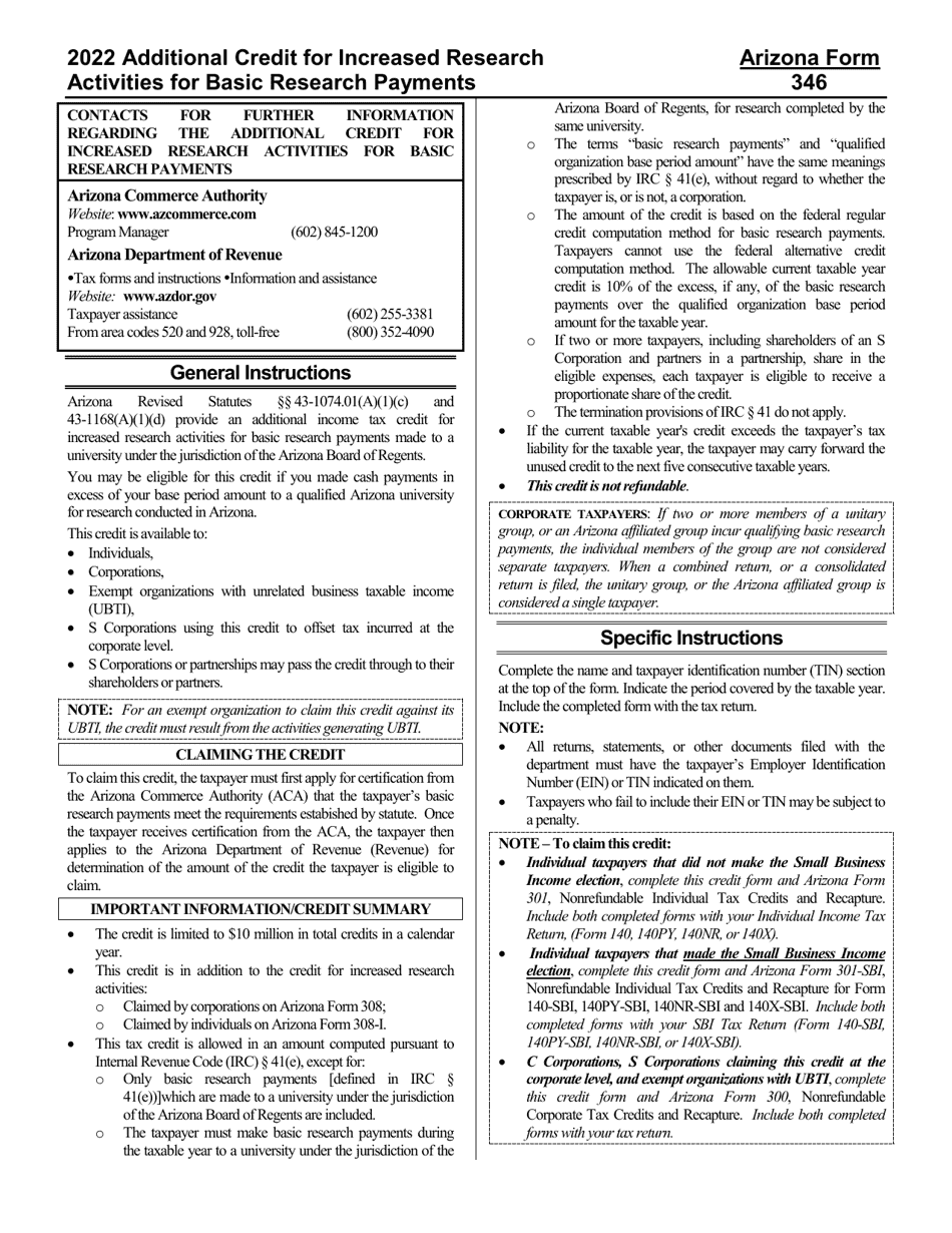 Instructions for Arizona Form 346, Arizona Form 346-P, Arizona Form 346-S, ADOR11165, ADOR11283, ADOR11284 - Arizona, Page 1