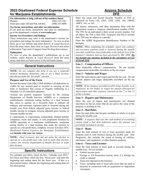 Instructions for Form ADOR11393 Schedule DFE Disallowed Federal Expense Schedule for Marijuana Establishments - Arizona, 2022