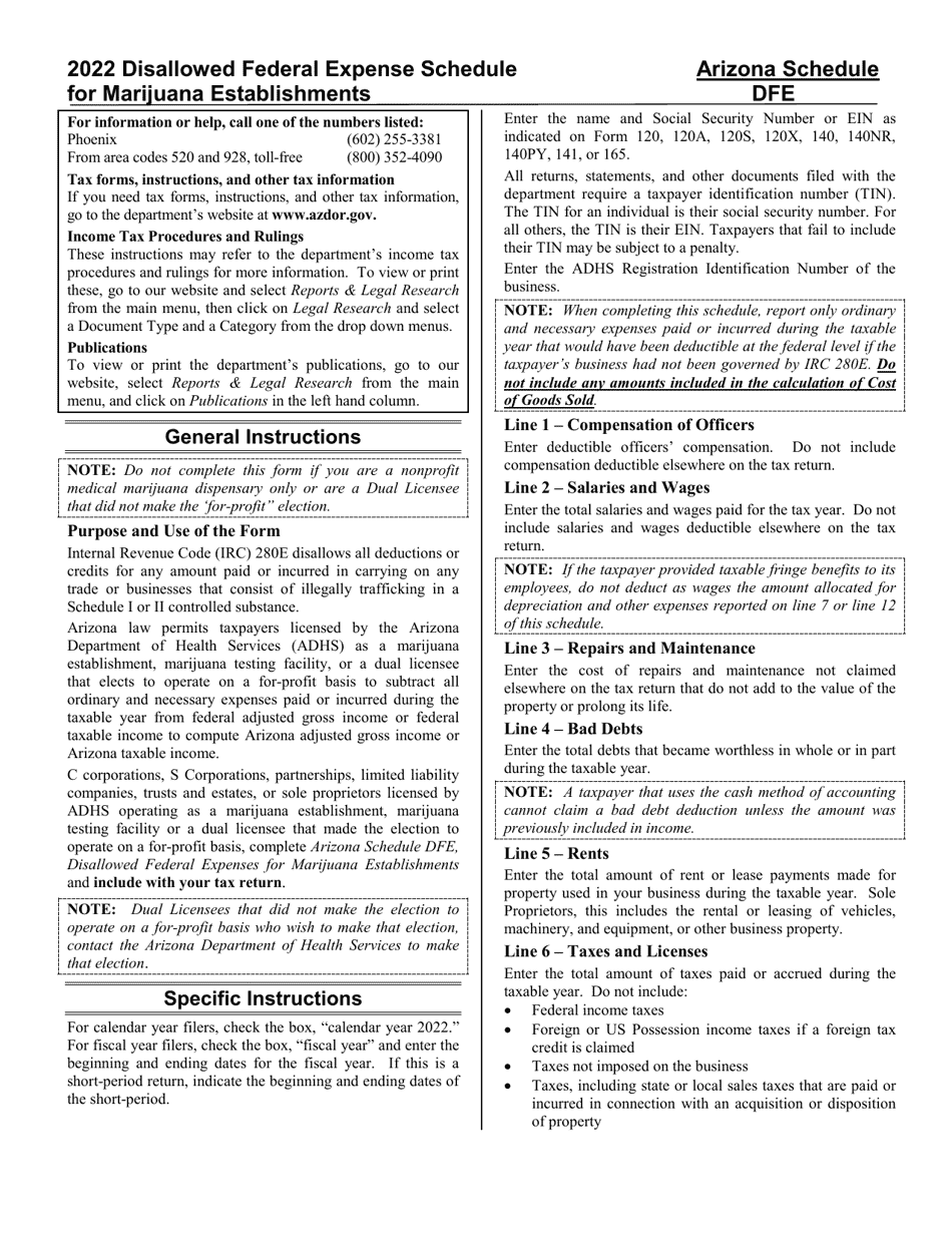 Instructions for Form ADOR11393 Schedule DFE Disallowed Federal Expense Schedule for Marijuana Establishments - Arizona, Page 1