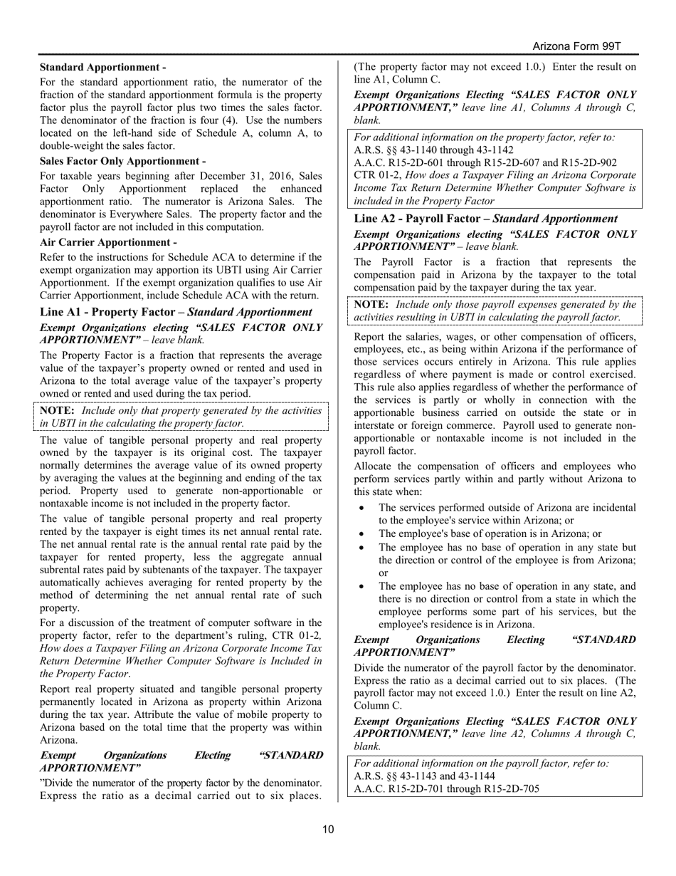 Instructions for Arizona Form 99T, ADOR10419 Arizona Exempt Organization Business Income Tax Return - Arizona, Page 10