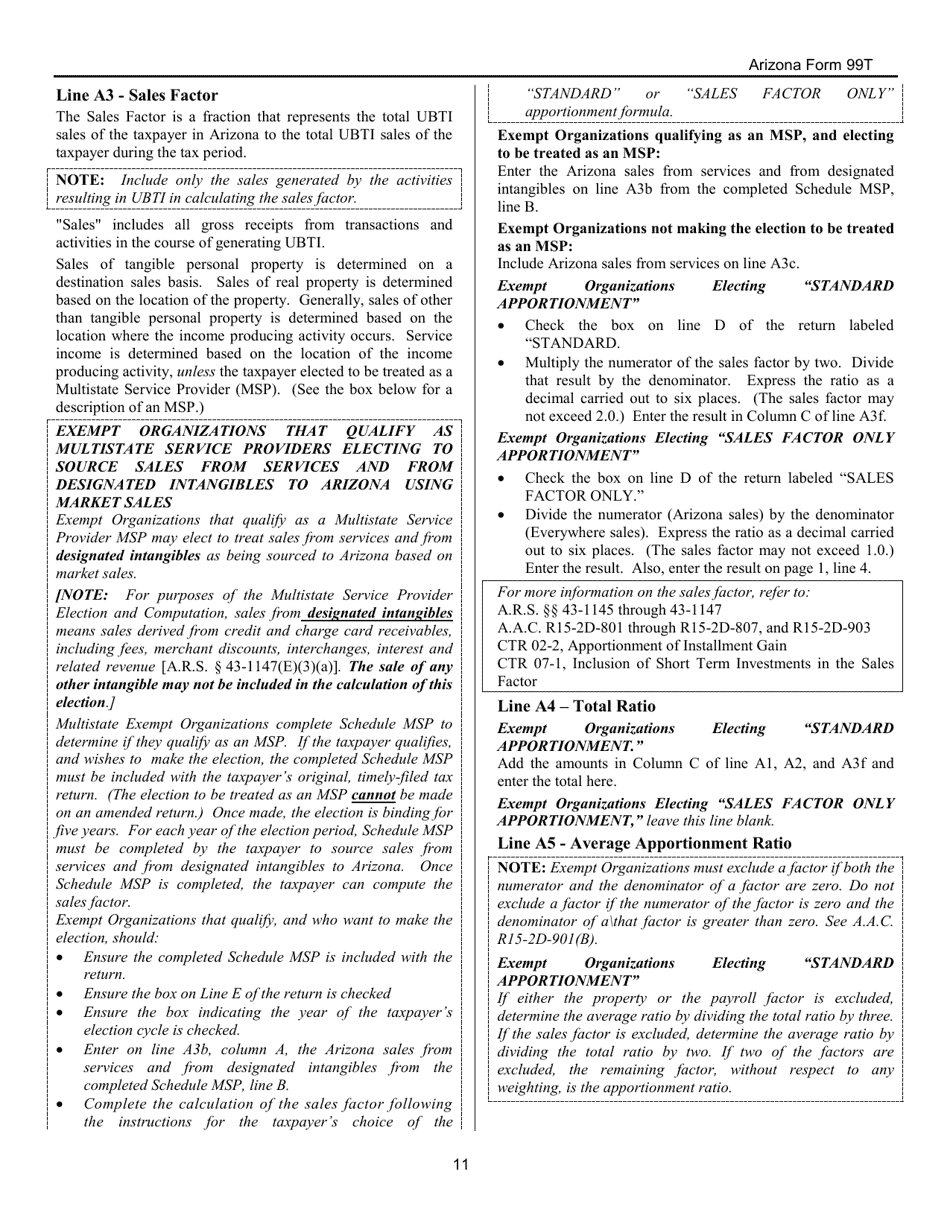 Instructions for Arizona Form 99T, ADOR10419 Arizona Exempt Organization Business Income Tax Return - Arizona, Page 11