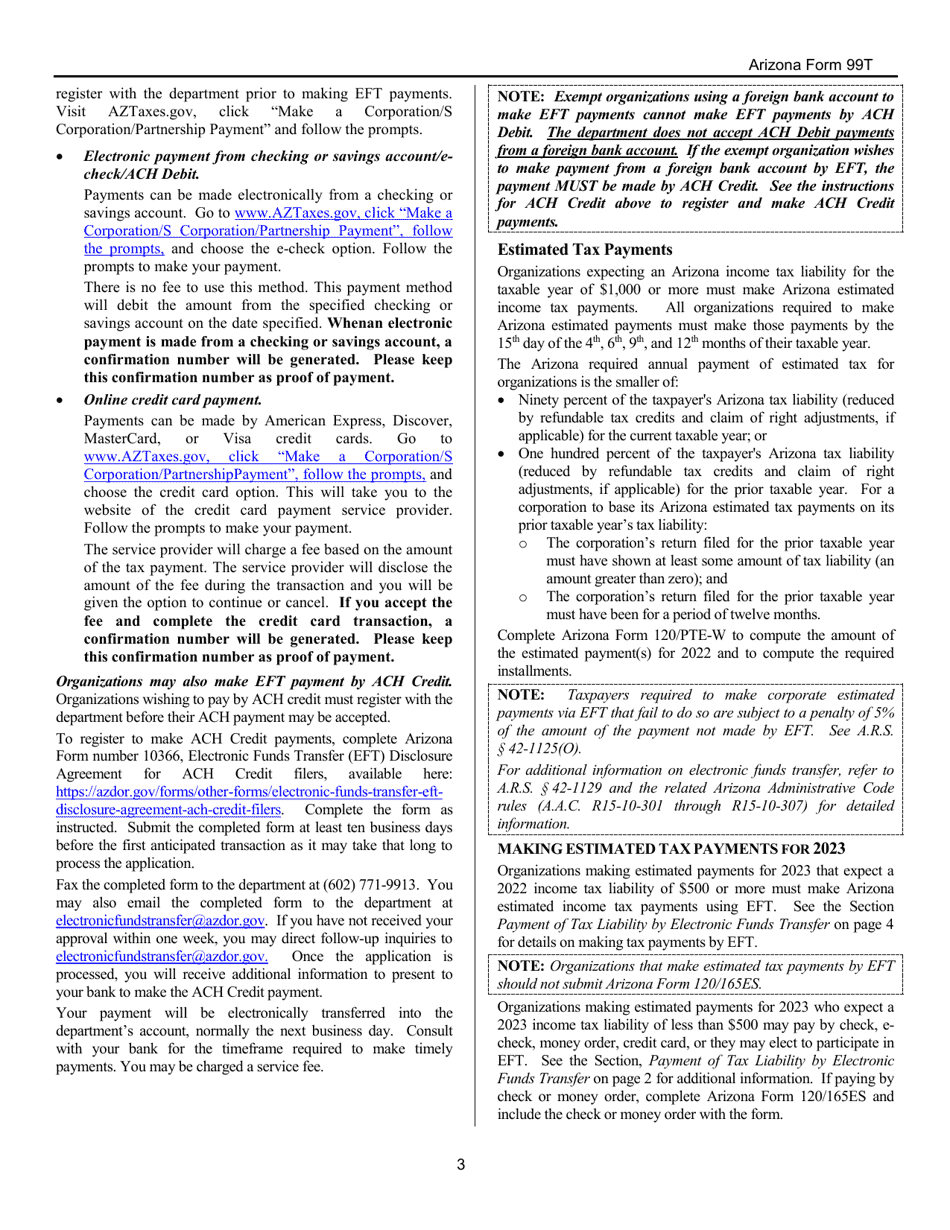 Instructions for Arizona Form 99T, ADOR10419 Arizona Exempt Organization Business Income Tax Return - Arizona, Page 3