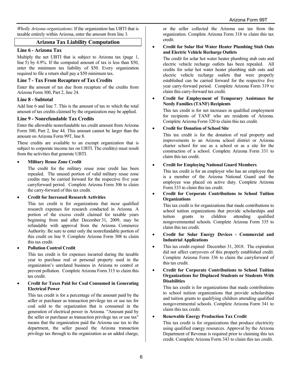 Instructions for Arizona Form 99T, ADOR10419 Arizona Exempt Organization Business Income Tax Return - Arizona, Page 6