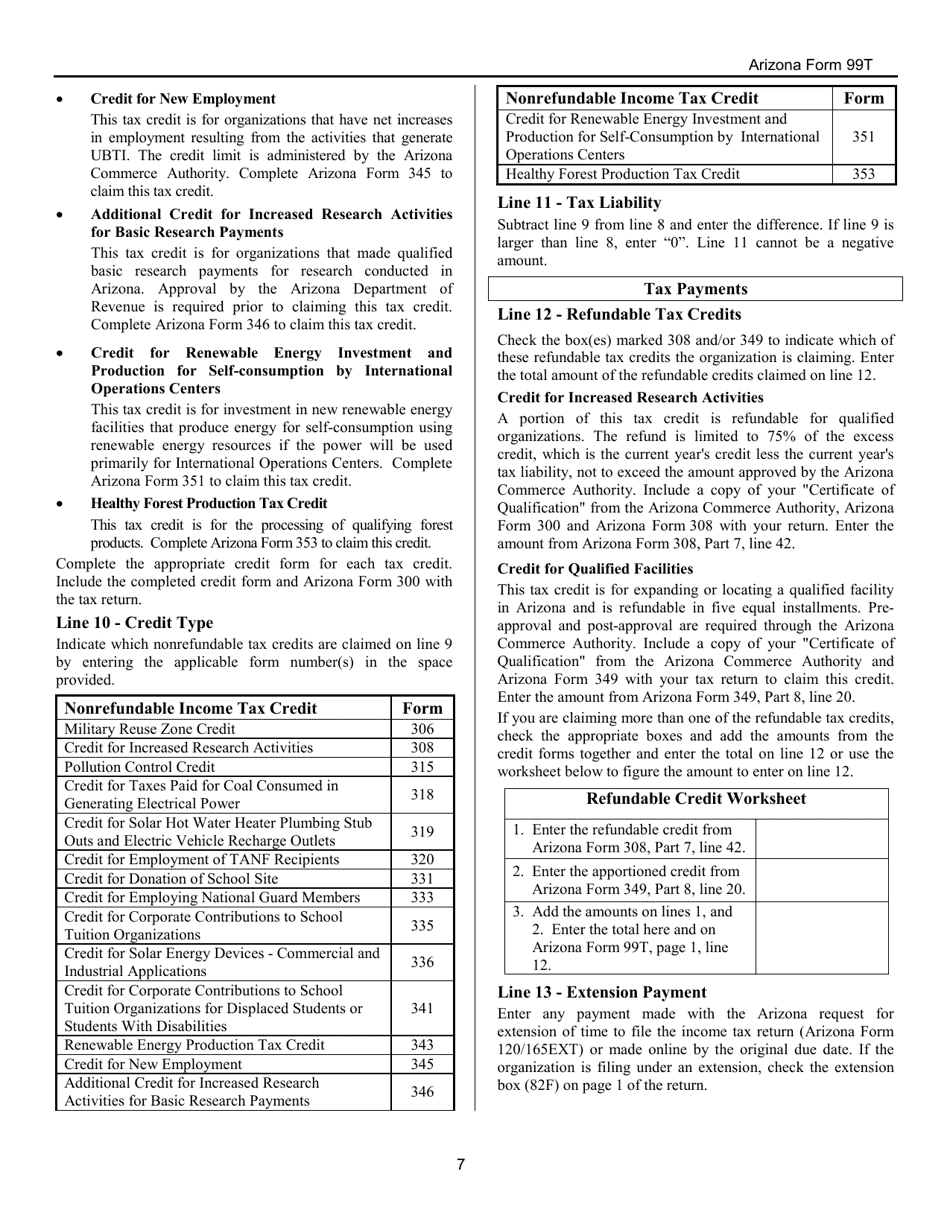 Instructions for Arizona Form 99T, ADOR10419 Arizona Exempt Organization Business Income Tax Return - Arizona, Page 7