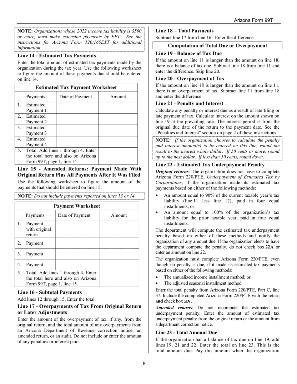 Instructions for Arizona Form 99T, ADOR10419 Arizona Exempt Organization Business Income Tax Return - Arizona, Page 8
