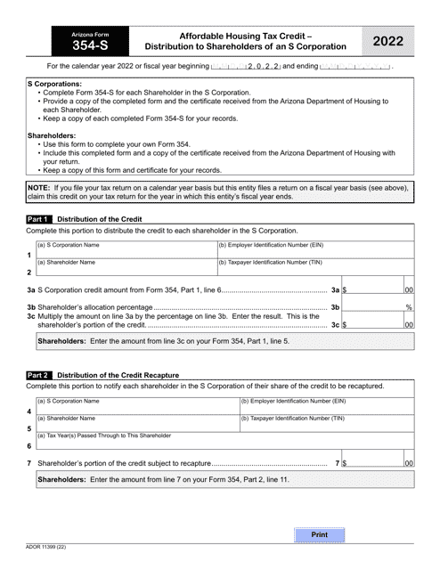 Arizona Form 354-S (ADOR11399) Affordable Housing Tax Credit - Distribution to Shareholders of an S Corporation - Arizona, 2022