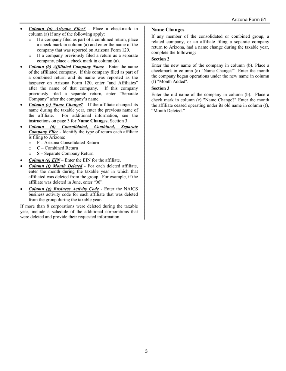 Instructions for Arizona Form 51, ADOR10148 Consolidated or Combined Return Affiliation Schedule - Arizona, Page 3