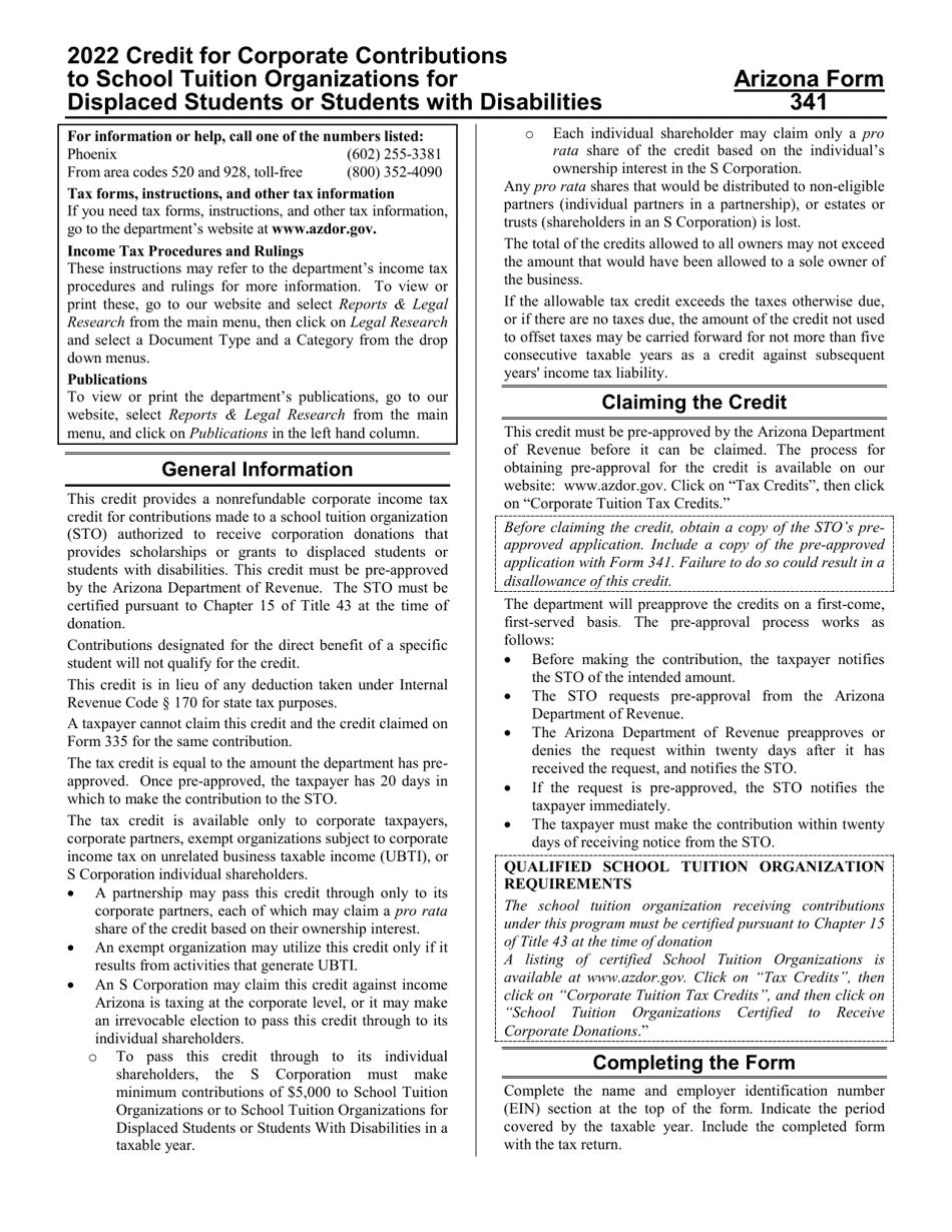 Instructions for Arizona Form 341, Arizona Form 341-P, Arizona Form 341-S, ADOR11244, ADOR10751, ADOR11243 - Arizona, Page 1