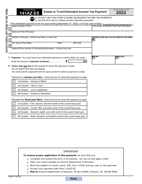 Arizona Form 141AZ ES (ADOR11135) Estate or Trust Estimated Income Tax Payment - Arizona, 2023
