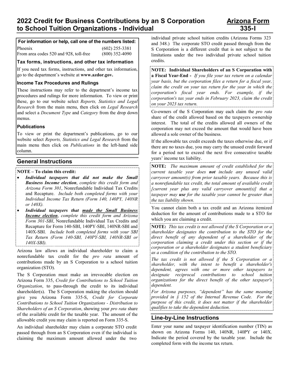 Instructions for Arizona Form 335-I, ADOR11239 Credit for Business Contributions by an S Corporation to School Tuition Organizations - Individual - Arizona, Page 1