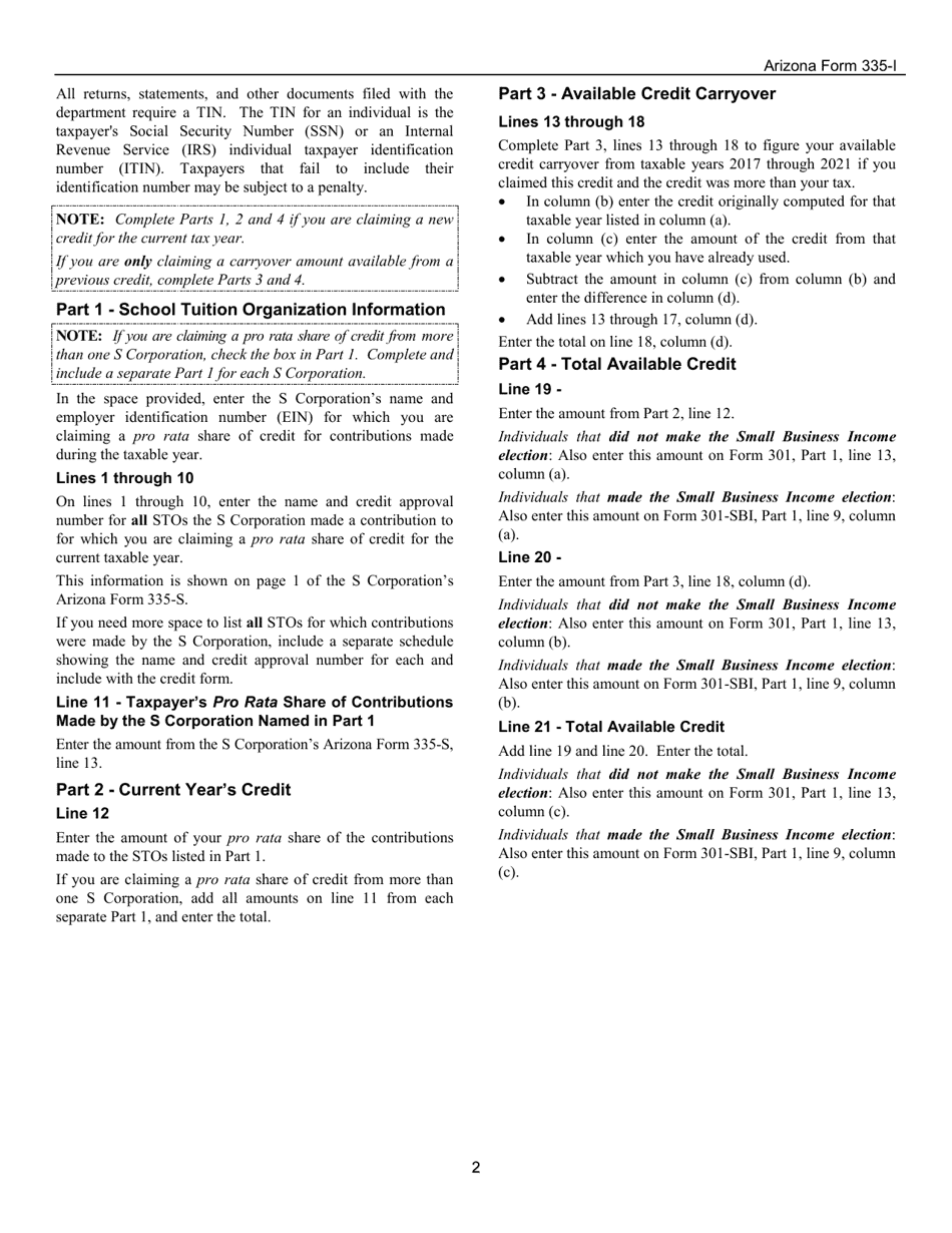 Instructions for Arizona Form 335-I, ADOR11239 Credit for Business Contributions by an S Corporation to School Tuition Organizations - Individual - Arizona, Page 2