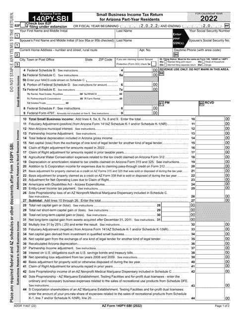 Arizona Form 140PY-SBI (ADOR11407) Small Business Income Tax Return for Arizona Part-Year Residents - Arizona, 2022