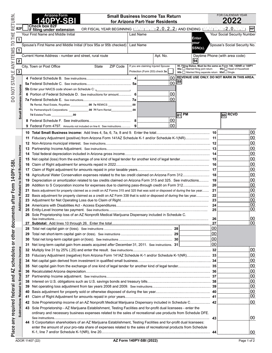 Arizona Form 140PYSBI (ADOR11407) Download Fillable PDF or Fill Online
