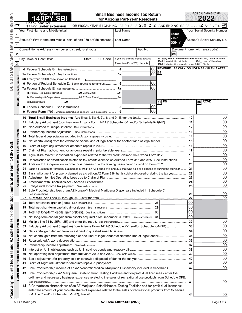 Arizona Form 140PY-SBI (ADOR11407) Small Business Income Tax Return for Arizona Part-Year Residents - Arizona, Page 1