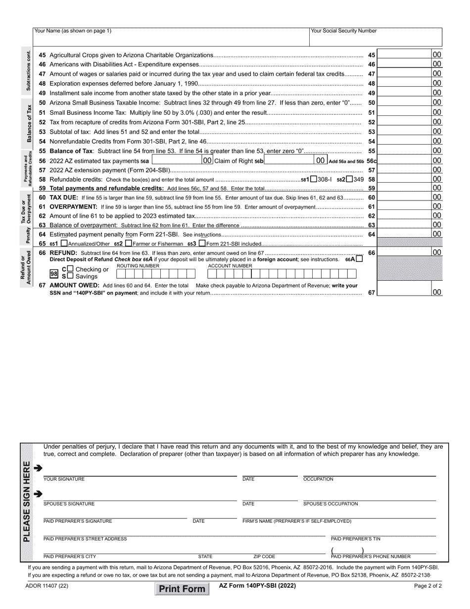 Arizona Form 140py Sbi Ador11407 Download Fillable Pdf Or Fill Online Small Business Income 3455
