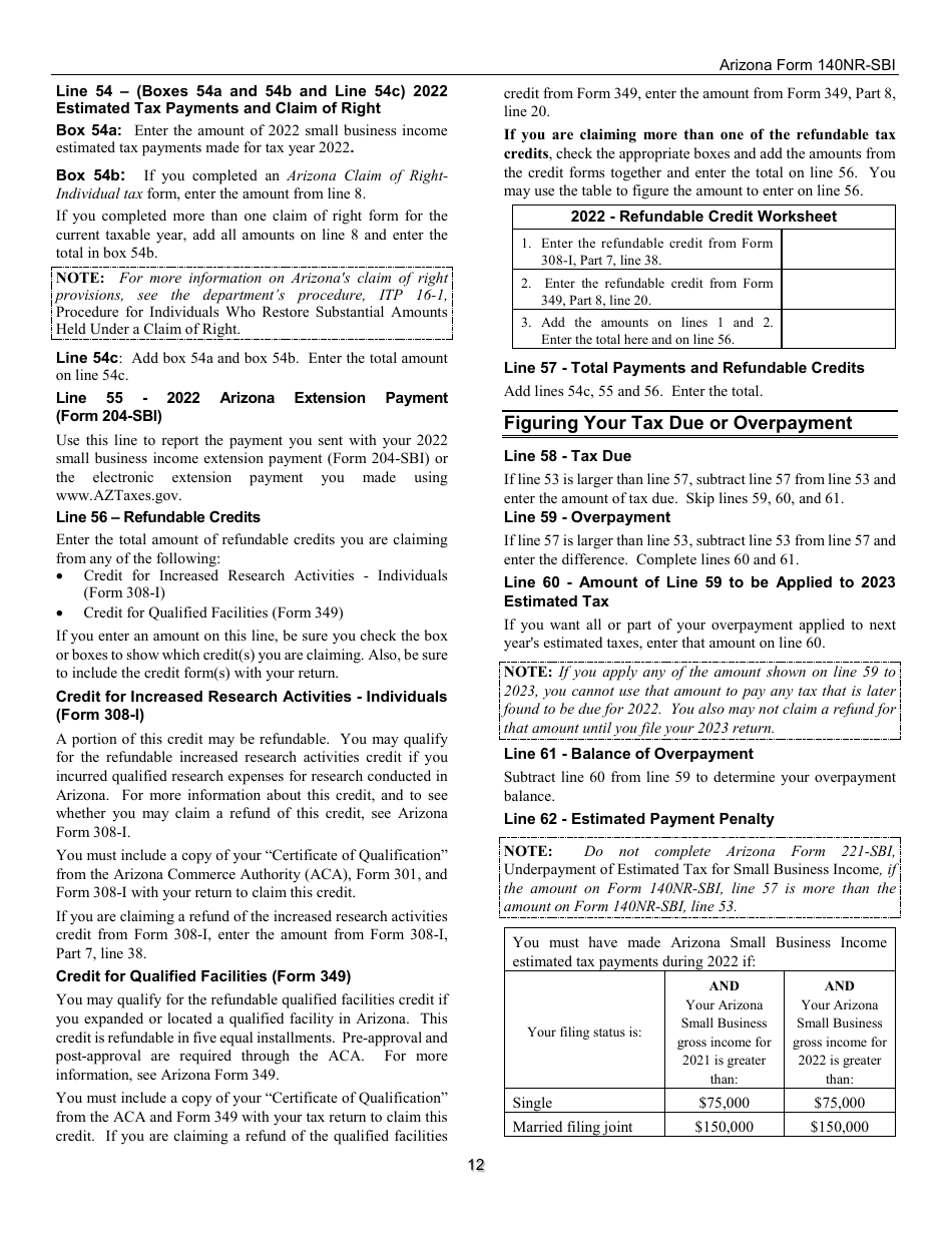 Instructions for Arizona Form 140NR-SBI, ADOR11408 Small Business Income Tax Return for Arizona Nonresidents - Arizona, Page 12