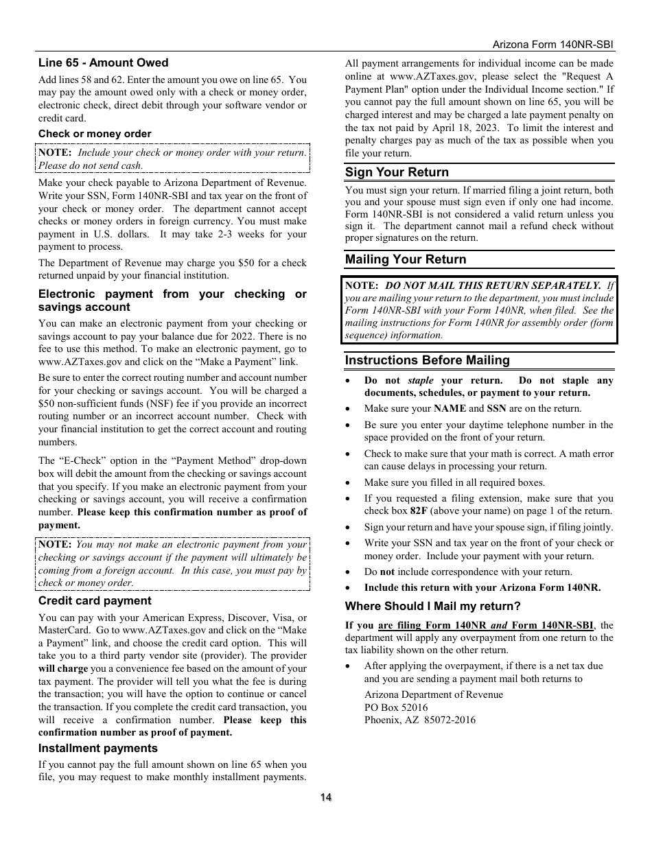 Instructions for Arizona Form 140NR-SBI, ADOR11408 Small Business Income Tax Return for Arizona Nonresidents - Arizona, Page 14