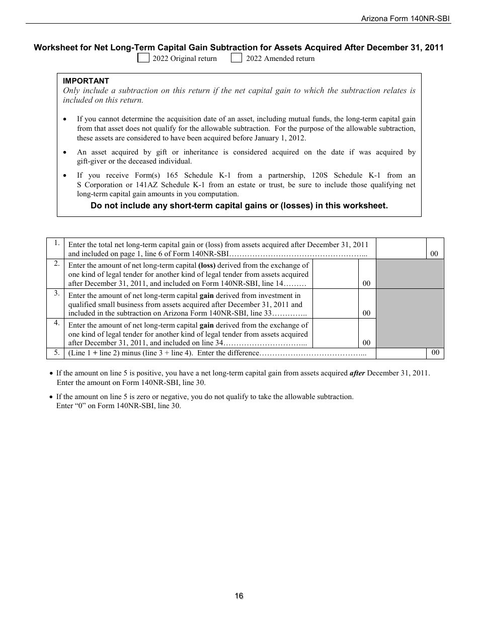 Instructions for Arizona Form 140NR-SBI, ADOR11408 Small Business Income Tax Return for Arizona Nonresidents - Arizona, Page 16