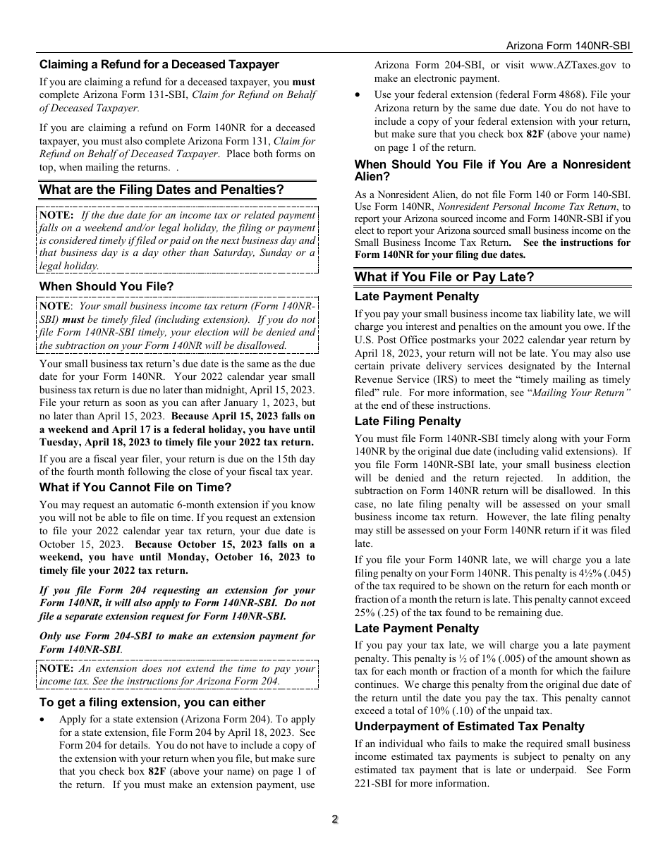 Instructions for Arizona Form 140NR-SBI, ADOR11408 Small Business Income Tax Return for Arizona Nonresidents - Arizona, Page 2