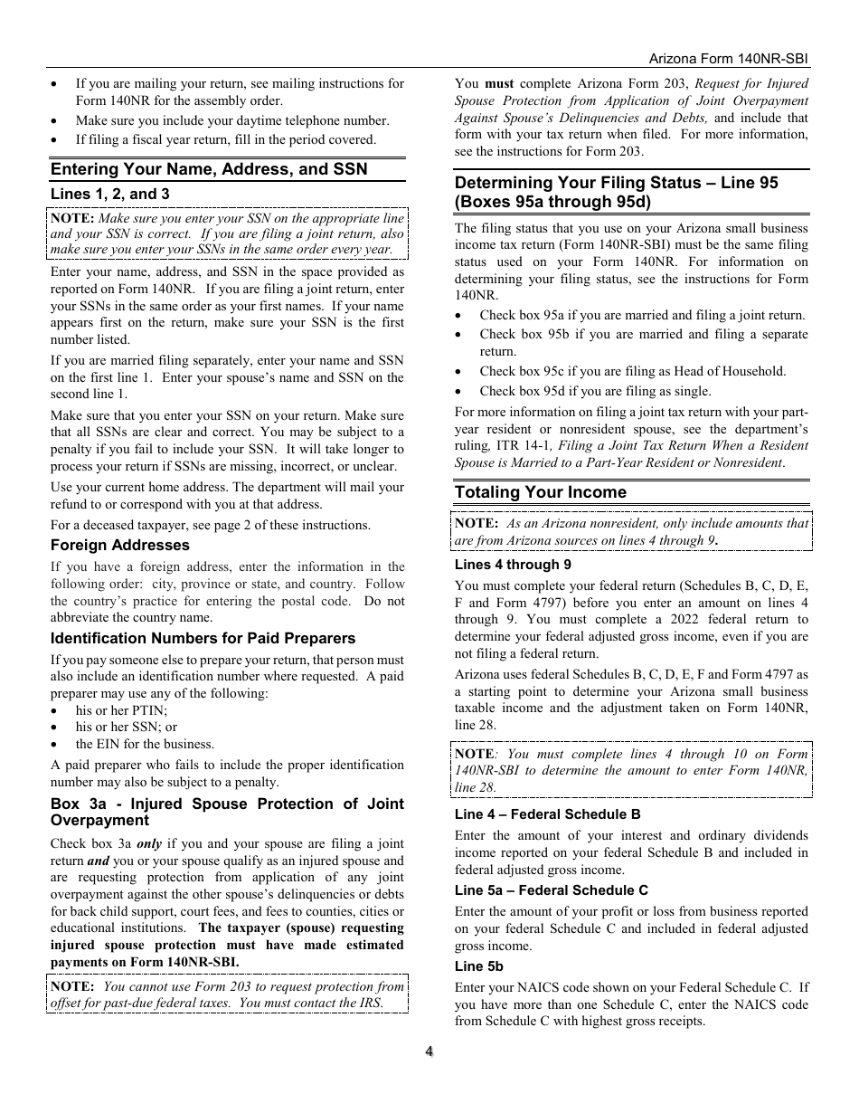 Instructions for Arizona Form 140NR-SBI, ADOR11408 Small Business Income Tax Return for Arizona Nonresidents - Arizona, Page 4