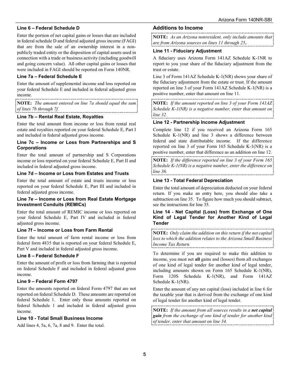 Instructions for Arizona Form 140NR-SBI, ADOR11408 Small Business Income Tax Return for Arizona Nonresidents - Arizona, Page 5