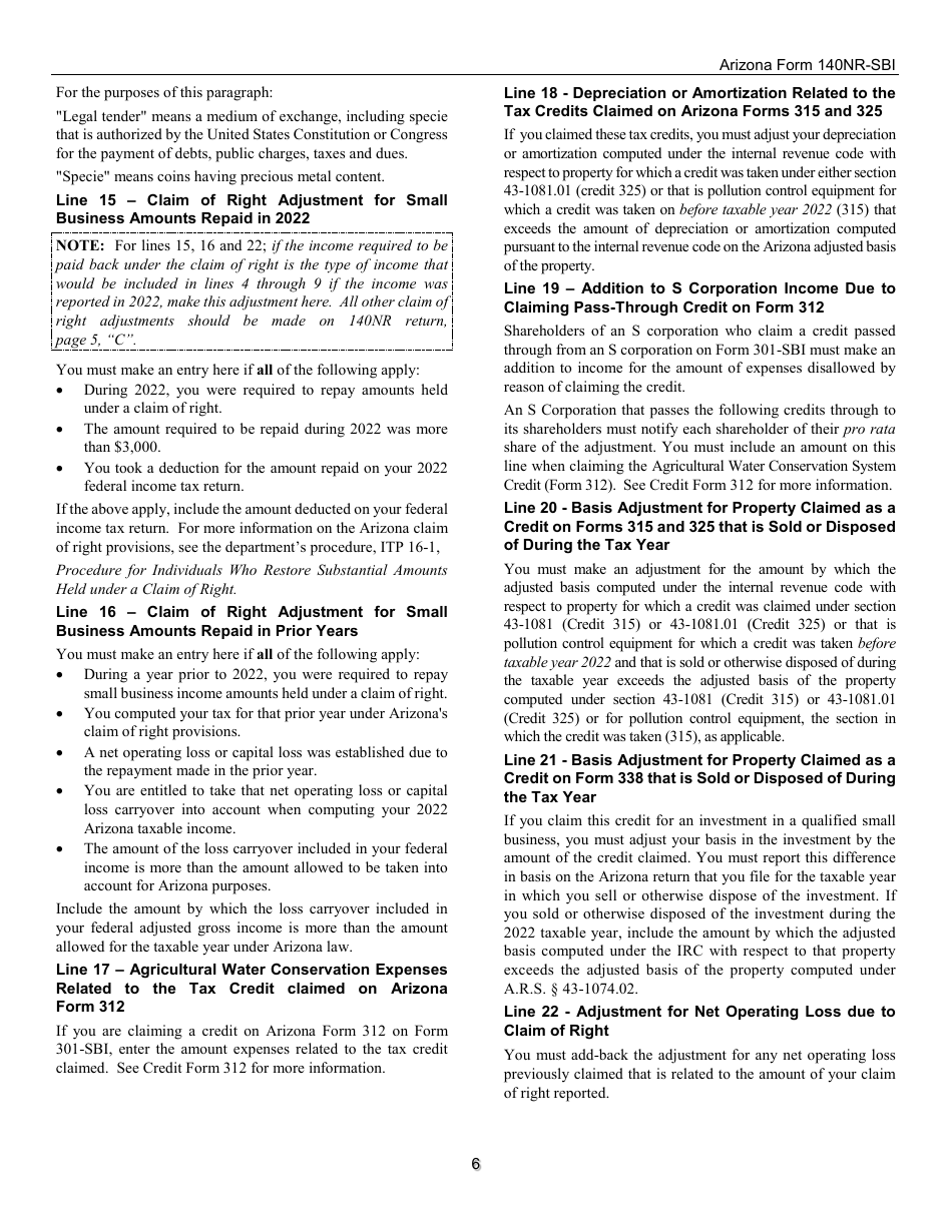 Instructions for Arizona Form 140NR-SBI, ADOR11408 Small Business Income Tax Return for Arizona Nonresidents - Arizona, Page 6