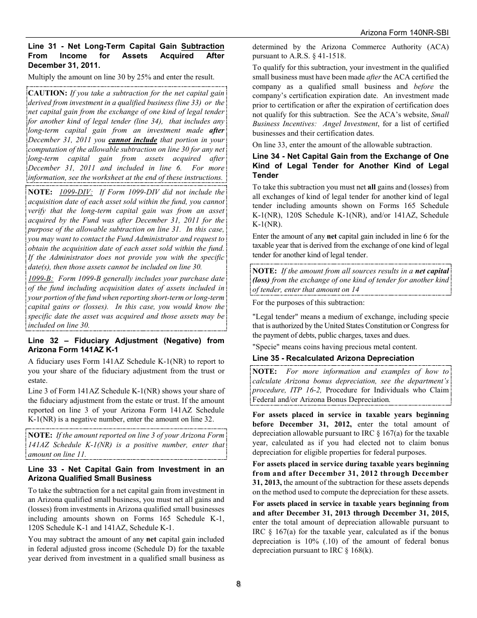 Instructions for Arizona Form 140NR-SBI, ADOR11408 Small Business Income Tax Return for Arizona Nonresidents - Arizona, Page 8