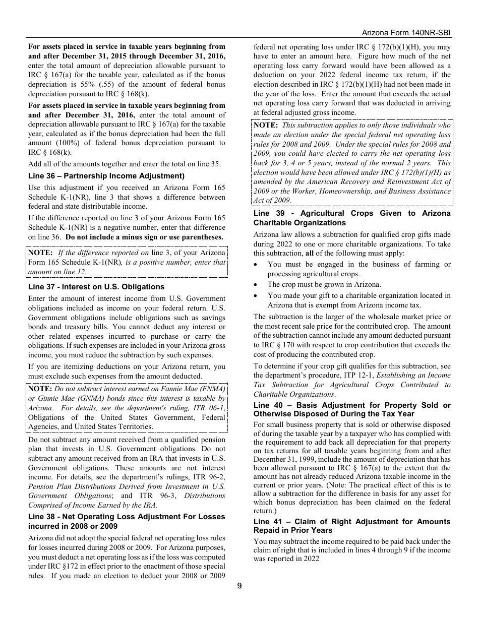 Instructions for Arizona Form 140NR-SBI, ADOR11408 Small Business Income Tax Return for Arizona Nonresidents - Arizona, Page 9