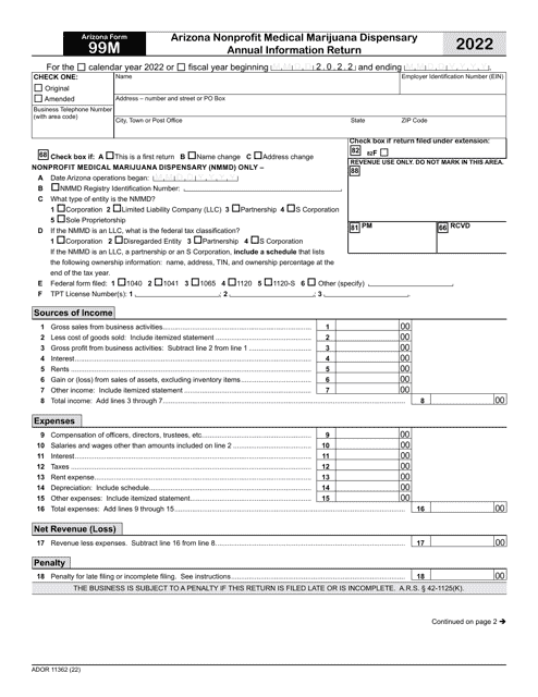 Arizona Form 99M (ADOR11362) Arizona Nonprofit Medical Marijuana Dispensary Annual Information Return - Arizona, 2022