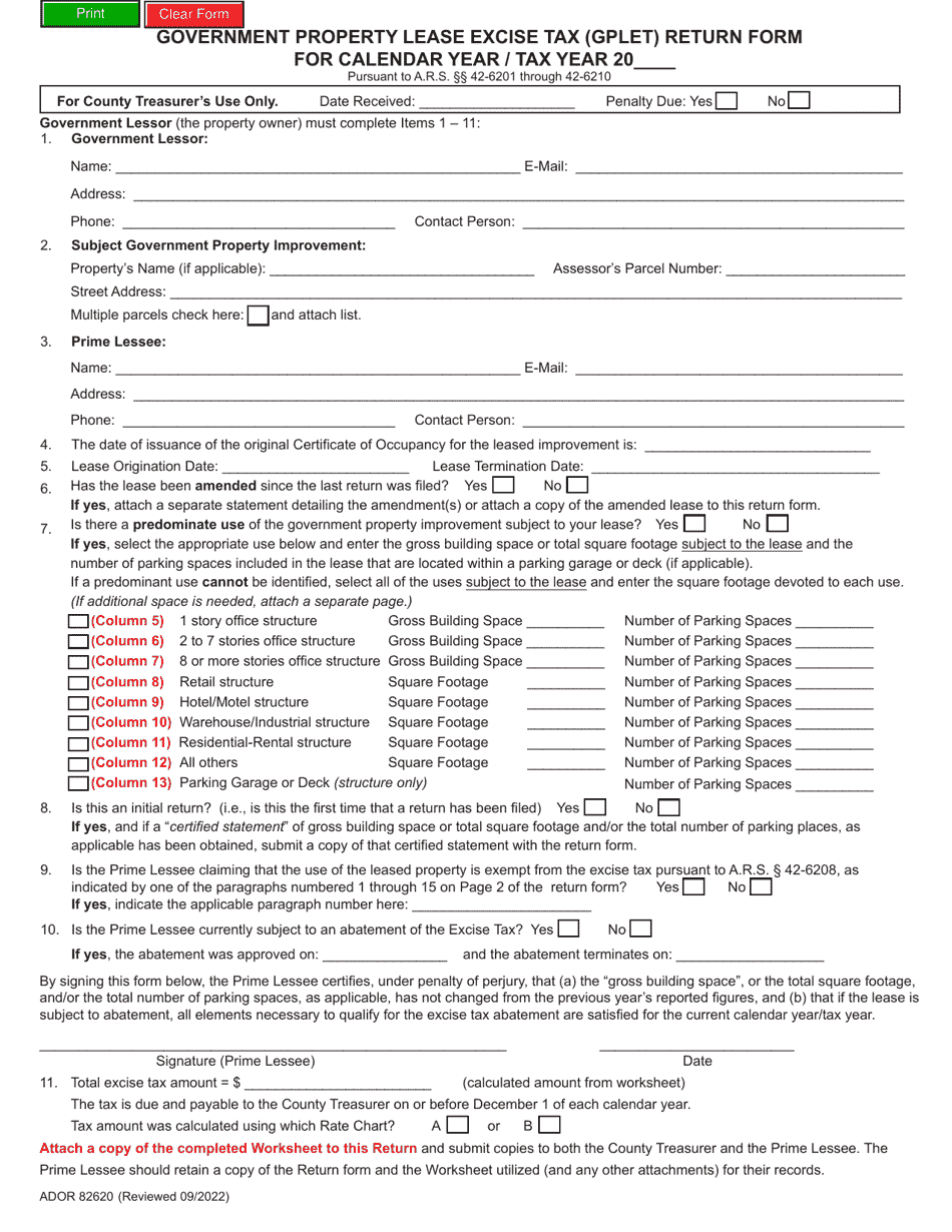 Form ADOR82620 Government Property Lease Excise Tax (Gplet) Return Form - Arizona, Page 1