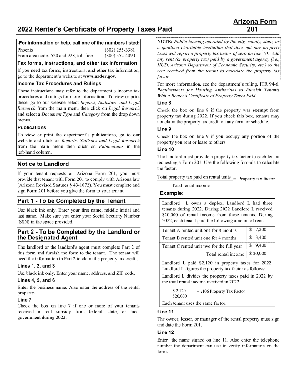 Instructions for Arizona Form 201, ADOR10417 Renters Certificate of Property Taxes Paid - Arizona, Page 1