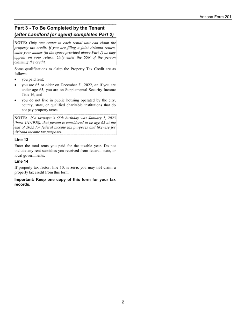 Instructions for Arizona Form 201, ADOR10417 Renters Certificate of Property Taxes Paid - Arizona, Page 2