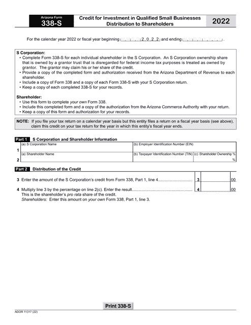 Arizona Form 338-S (ADOR11317) 2022 Printable Pdf