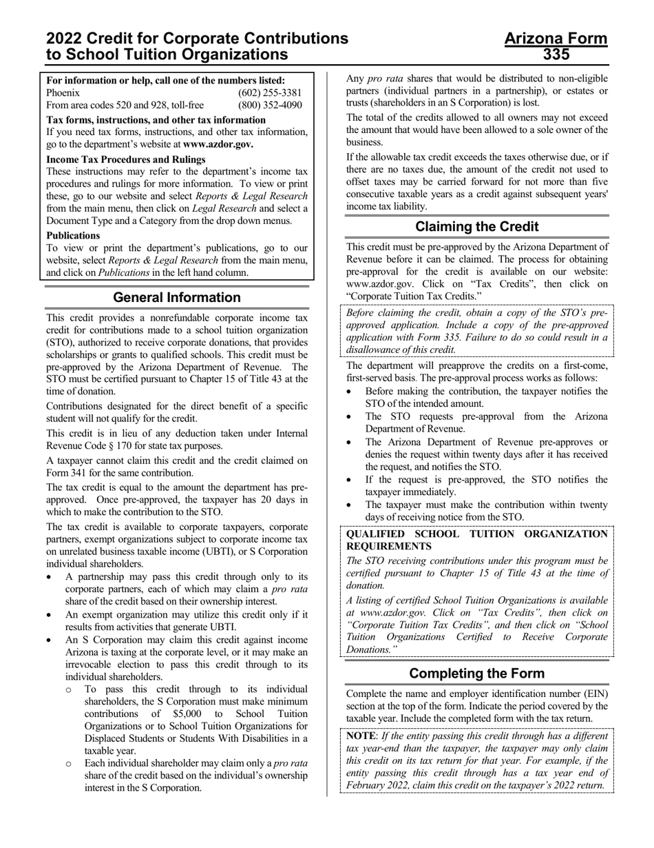 Instructions for Arizona Form 335, Arizona Form 335-P, Arizona Form 335-S, ADOR10713, ADOR11241, ADOR11242 - Arizona, Page 1