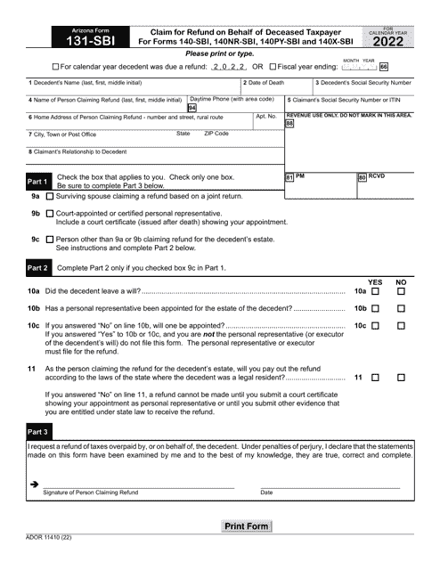 Arizona Form 131-SBI (ADOR11410) Claim for Refund on Behalf of Deceased Taxpayer for Forms 140-sbi, 140nr-Sbi, 140py-Sbi and 140x-Sbi - Arizona, 2022