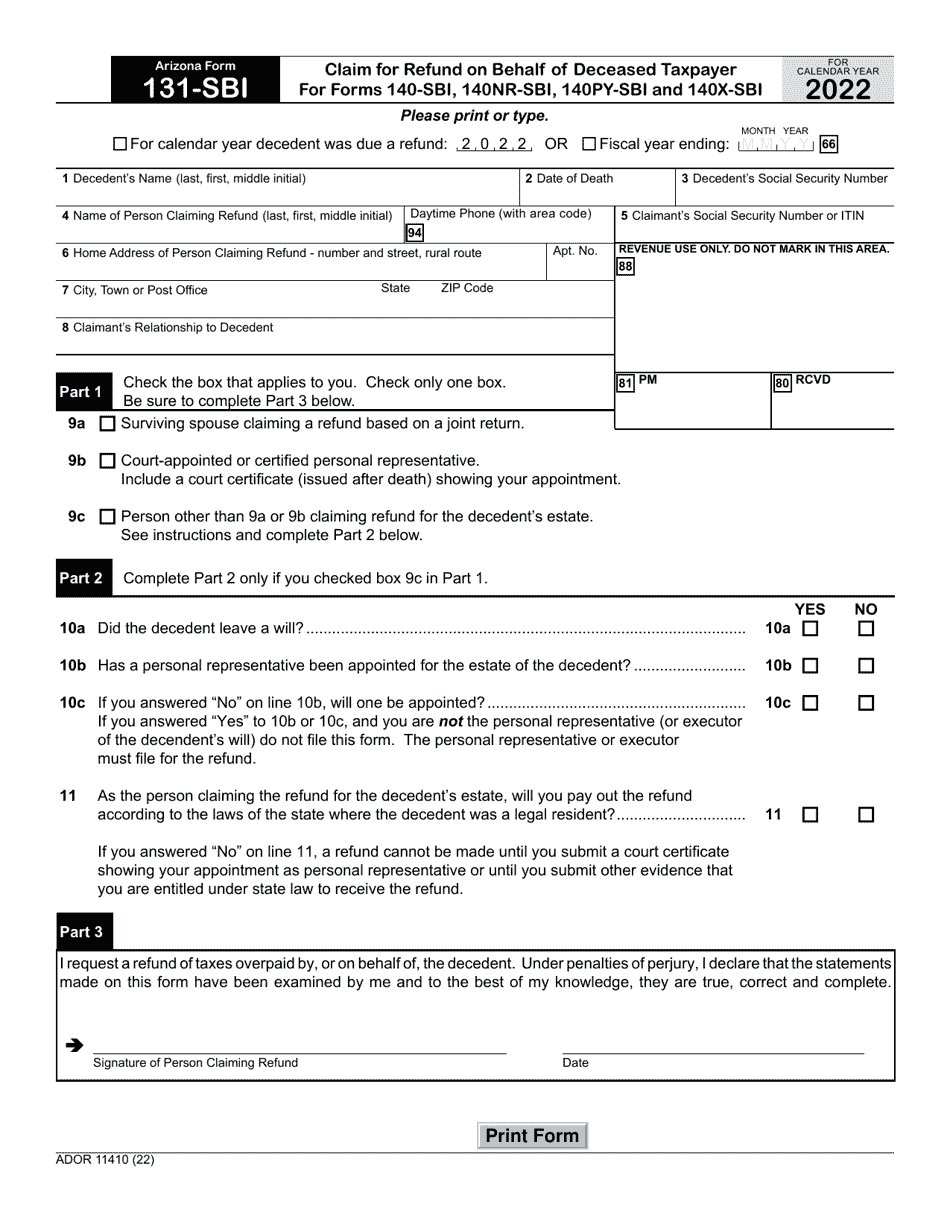 Arizona Form 131-SBI (ADOR11410) Download Fillable PDF or Fill Online ...