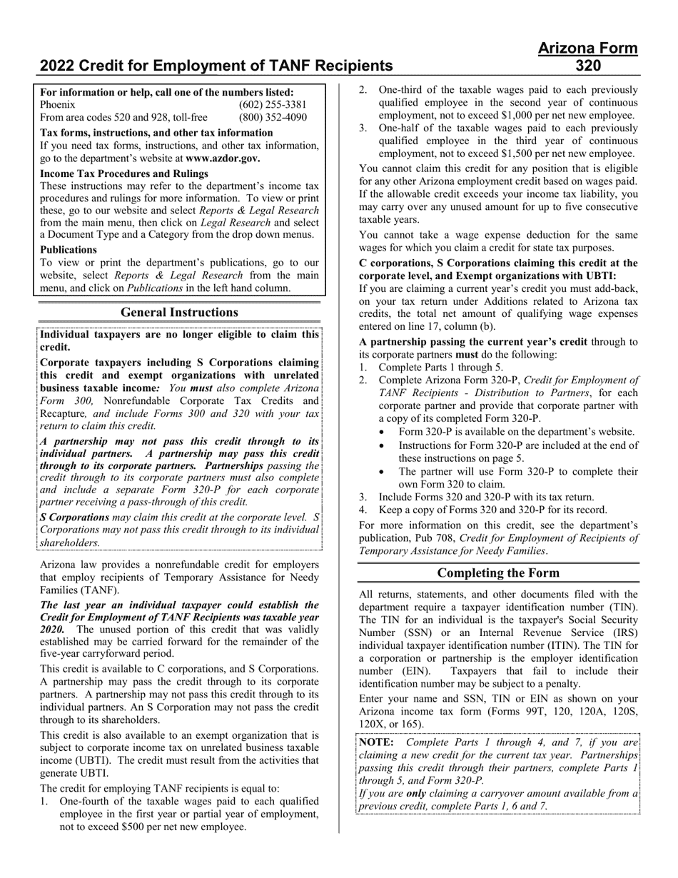 Instructions for Arizona Form 320, Arizona Form 320-P, ADOR10579, ADOR11311 - Arizona, Page 1