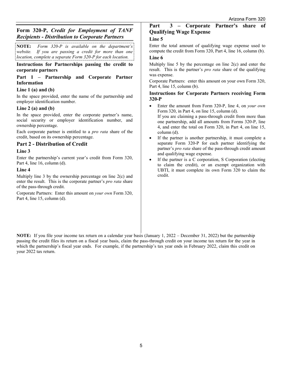 Instructions for Arizona Form 320, Arizona Form 320-P, ADOR10579, ADOR11311 - Arizona, Page 5