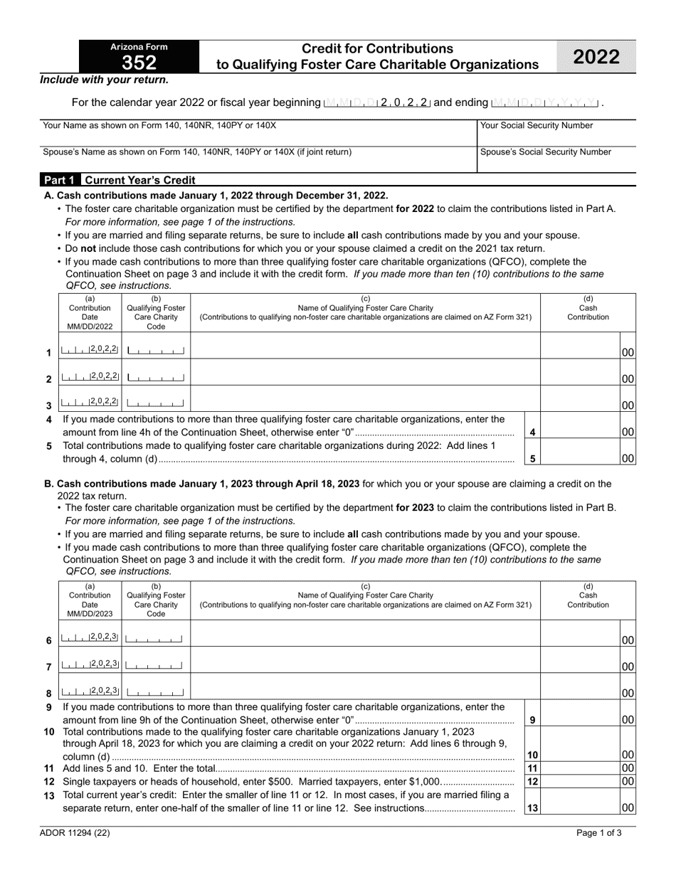 Arizona Form 352 (ADOR11294) Credit for Contributions to Qualifying Foster Care Charitable Organizations - Arizona, Page 1